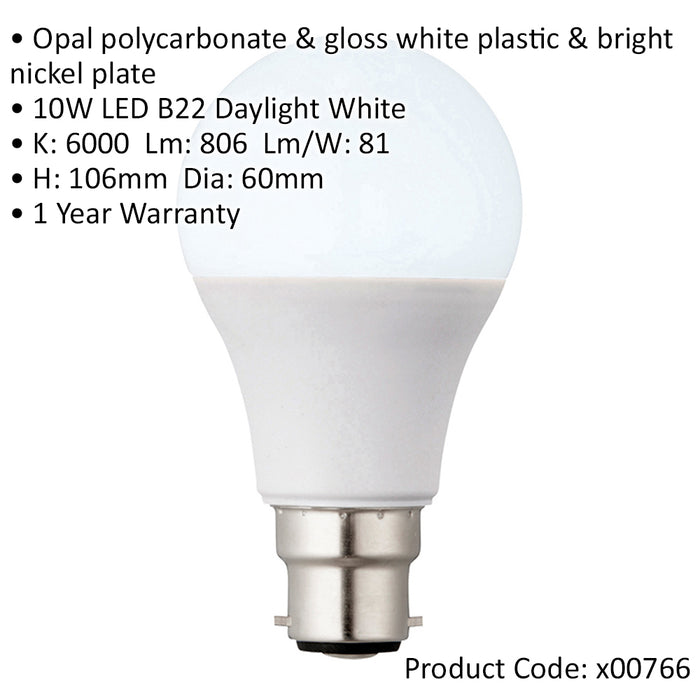 10W B22 GLS Light Bulb - 6000k Daylight White Temp - Indoor/Outdoor LED Lamp