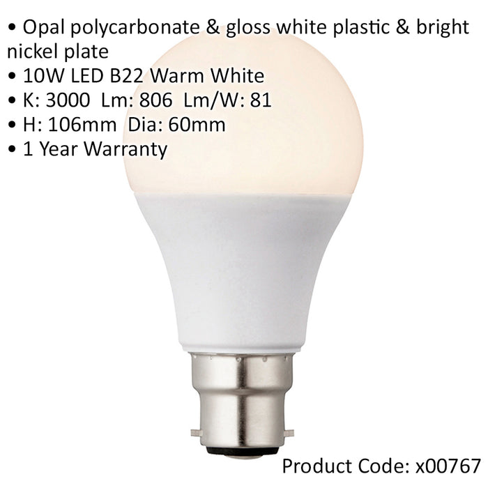 10W B22 GLS Light Bulb - 3000k Warm White Temp - Indoor/Outdoor LED Lamp