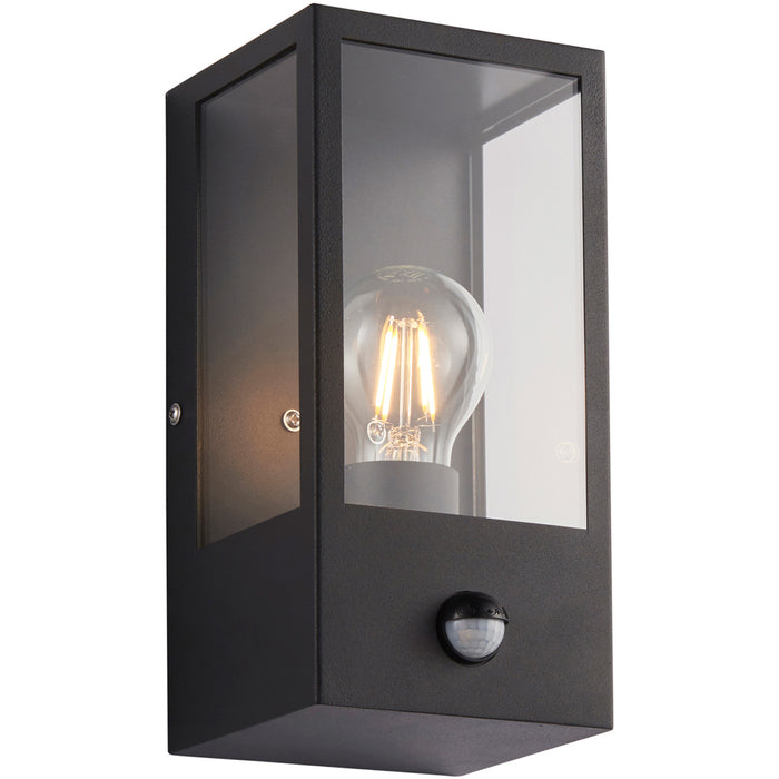 Outdoor Glass Box Style Wall Light with PIR - 28W Eco GLS LED - Matt Black