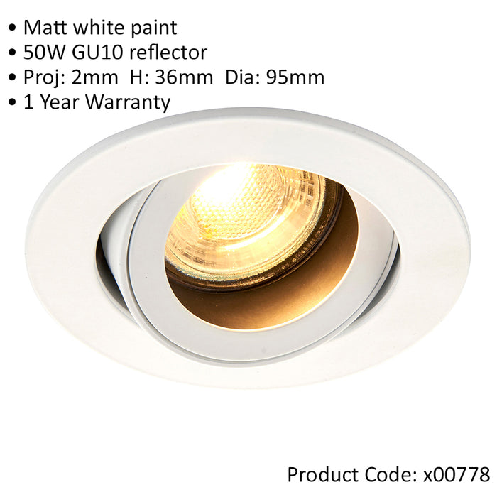 Recessed Tiltable Ceiling Downlight - 50W GU10 Reflector LED - Matt White
