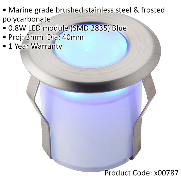 Recessed Decking IP67 Guide Light - 0.8W Blue Light LED - Stainless Steel