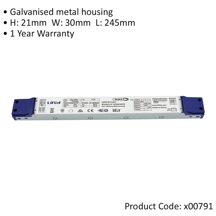 DALI 31.5W Digital LED Driver - Flicker Free - 550 to 750mA Output - Dimmable