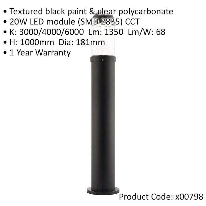 Outdoor Bollard Post Light - 20W CCT LED Module - Textured Black Finish