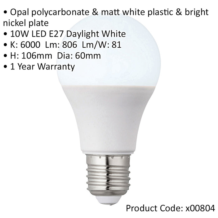 10W E27 GLS Light Bulb - 6000k Daylight White Temp - Indoor/Outdoor LED Lamp