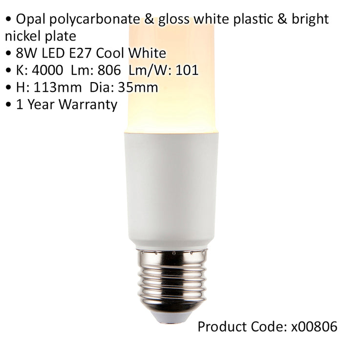 8W E27 LED Stick Light Bulb - 4000k Cool White Colour Temp - 800 Lumens