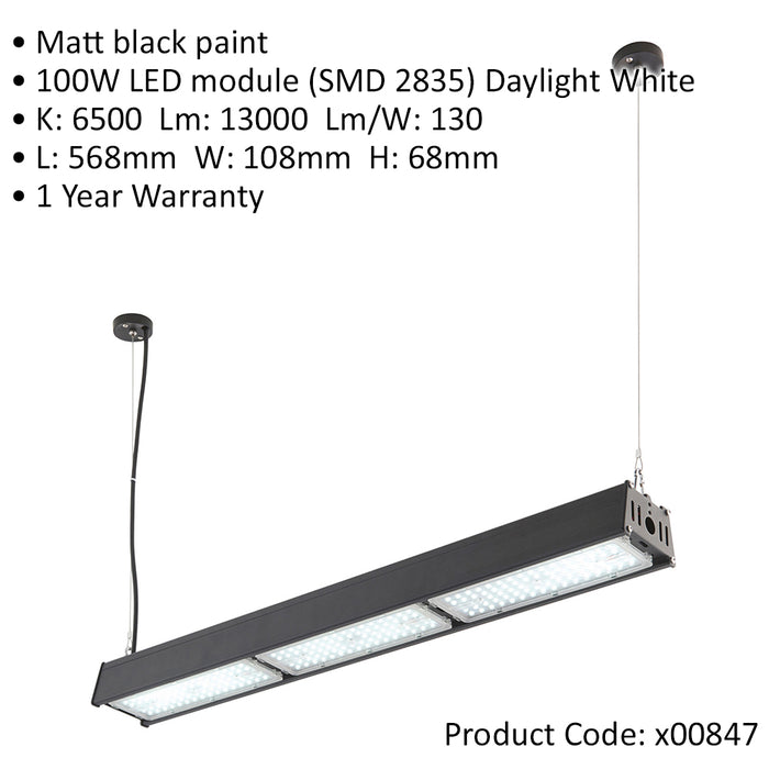Low Bay Warehouse Pendant Light - 100W Daylight White LED - Matt Black