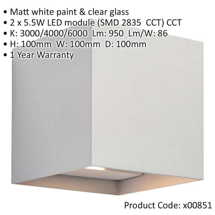 Up & Down Twin Outdoor Wall Light - 2 x 5.5W CCT LED - Matt White & Glass