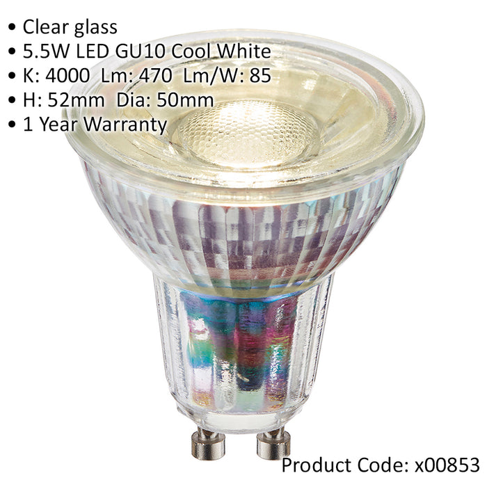 5.5W SMD GU10 Cool White LED Bulb - Indoor/Outdoor Clear Glass Light Bulb