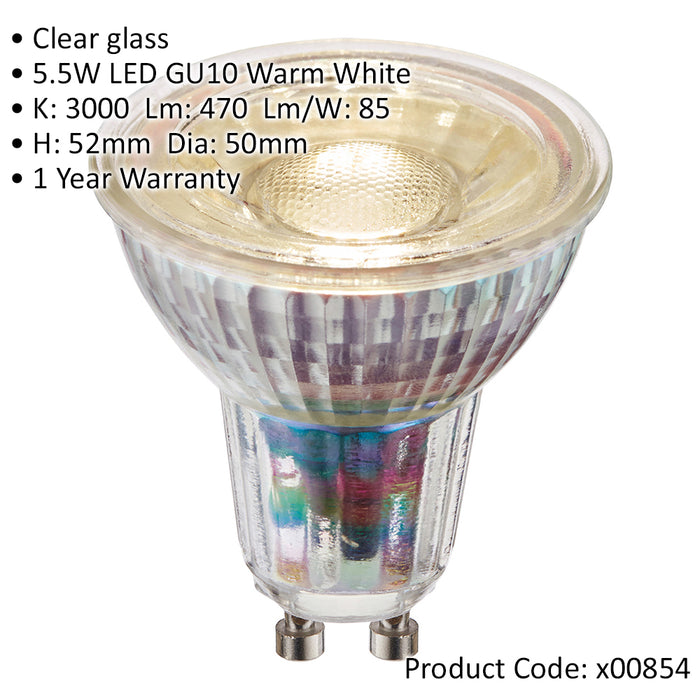 5.5W SMD GU10 Warm White LED Bulb - Indoor/Outdoor Clear Glass Light Bulb