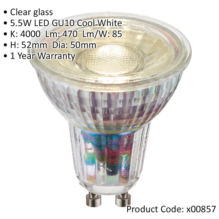 5.5W GU10 LED Bulb - Cool White - Dimmable Light Bulb - Clear Glass LED Lamp