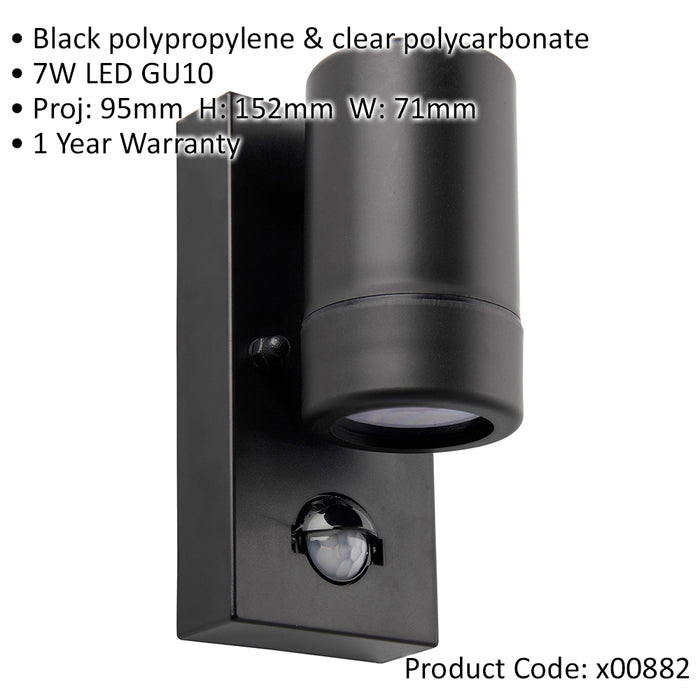 Outdoor IP44 Wall Downlight with PIR Sensor - 7W LED GU10 - Matt Black Polymer
