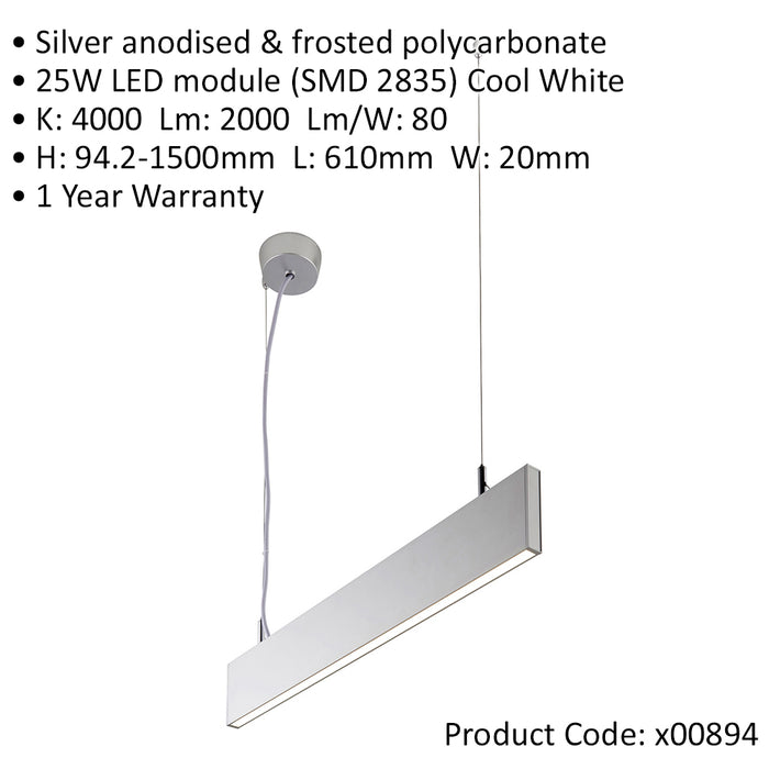 Slimline Commercial Suspension Light - 610mm x 20mm - 25W Cool White LED