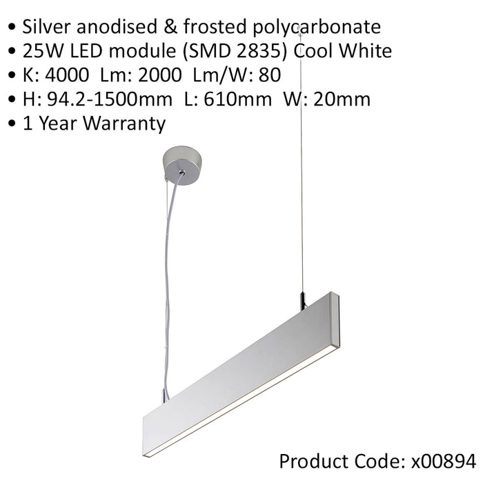2 PACK Slim Commercial Suspension Light - 610mm x 20mm - 25W Cool White LED