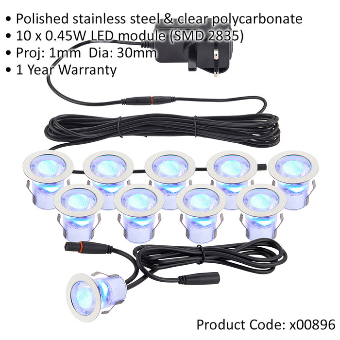 Recessed IP44 Decking Guide Light Kit - 10 x Blue Light LED - Stainless Steel