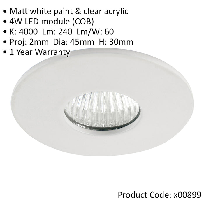Mini Recessed Downlight Fixture - 4W Cool White COB LED Driver - Matt White - LoopsDirect