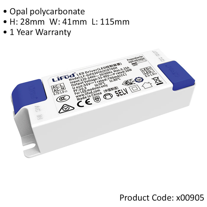 28W Flicker Free LED Driver - 700mA Constant Current - Fixed Output Power Supply