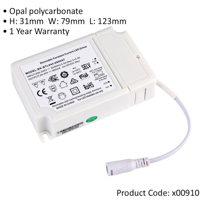 40W Dimmable LED Driver - 950mA Constant Current - Fixed Output Power Supply