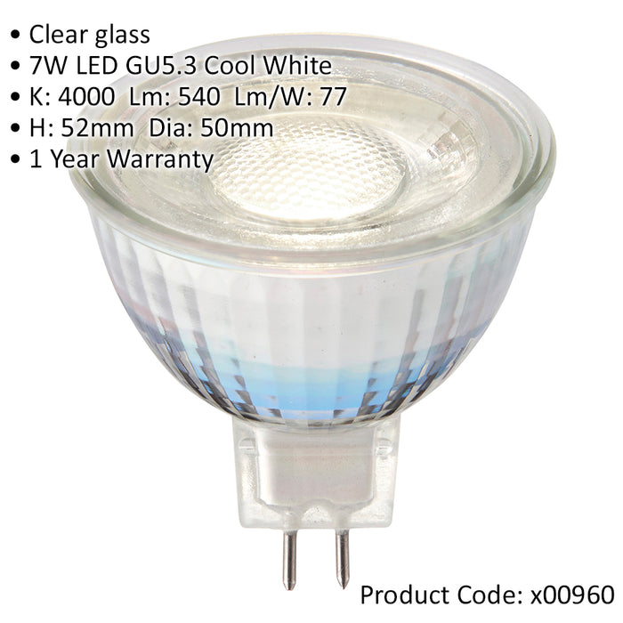 7W MR16 LED GU5.3 Bulb - 4000k Cool White Temperature - Clear Glass LED Lamp