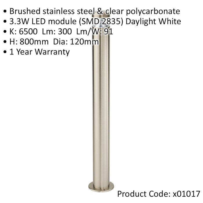 Stepped Outdoor Bollard Light - 3.3W LED Module - 800mm Height - Stainless Steel