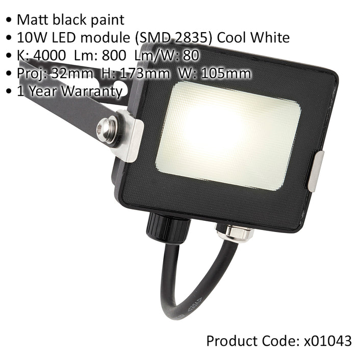 Outdoor IP65 Waterproof Floodlight - 10W Cool White LED - Matt Black Aluminium