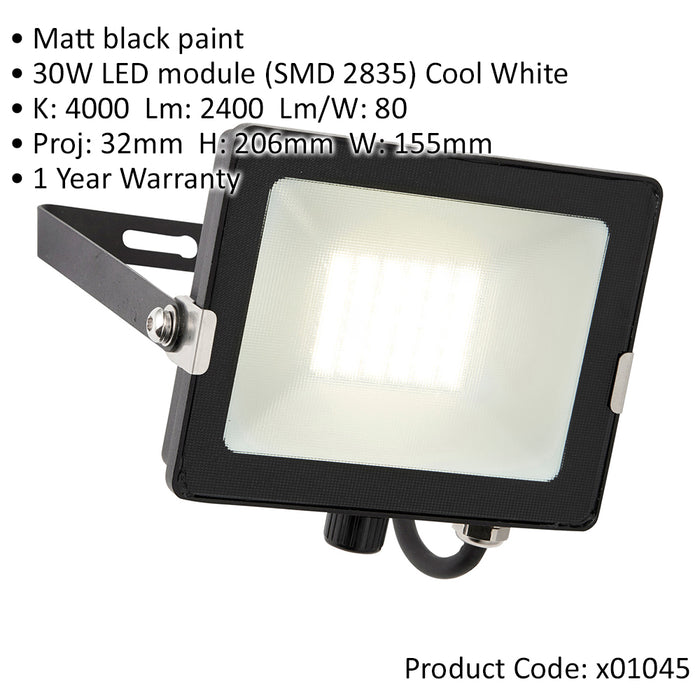 4 PACK Outdoor Waterproof LED Floodlight - 30W Cool White LED - Matt Black - LoopsDirect