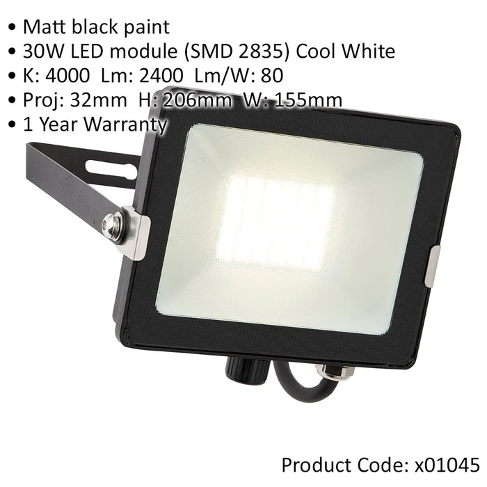 Outdoor IP65 Waterproof Floodlight - 30W Cool White LED - Matt Black Aluminium