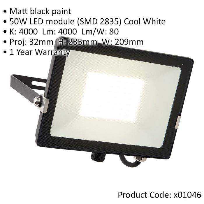Outdoor IP65 Waterproof Floodlight - 50W Cool White LED - Matt Black Aluminium