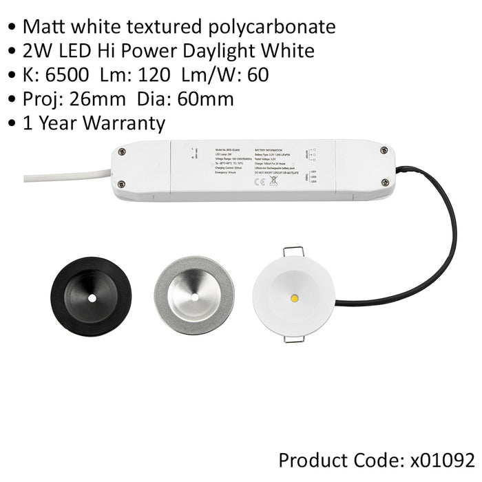 Recessed Emergency Ceiling Guide Light Kit - Daylight White LED - Matt White - LoopsDirect