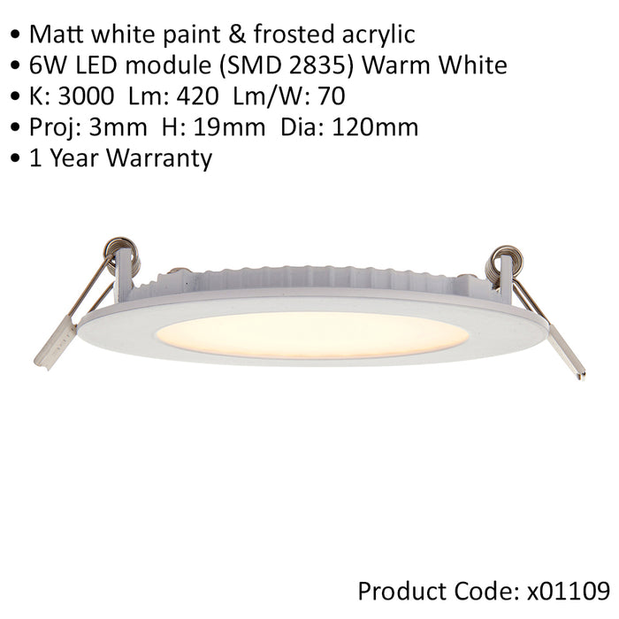 Ultra Slim Recessed Ceiling Downlight - 6W Warm White LED - IP44 Rated - LoopsDirect