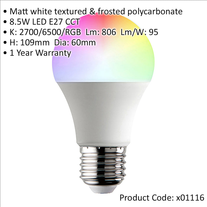 SMART 8.5W E27 RGB CCT LED Bulb - Colour Changing - Dimmable WiFi Lamp