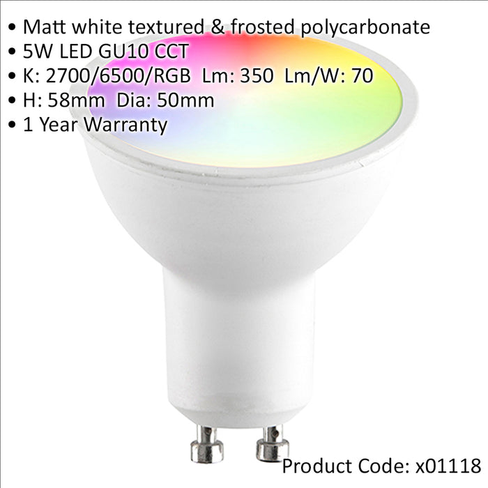 SMART 5W GU10 RGB CCT LED Bulb - Colour Changing Technology - Dimmable WiFi Lamp