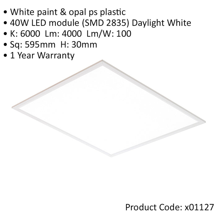 Square Backlit LED Ceiling Panel Light - 595mm Sq - 40W Daylight White LED