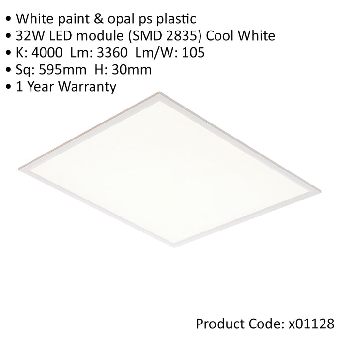 Square Backlit LED Ceiling Panel Light - 595 x 595mm - 32W Cool White LED