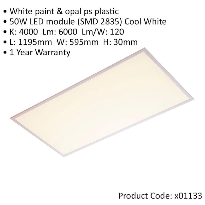 Rectangular Backlit LED Ceiling Panel Light - 1195 x 595mm - 50W Cool White LED