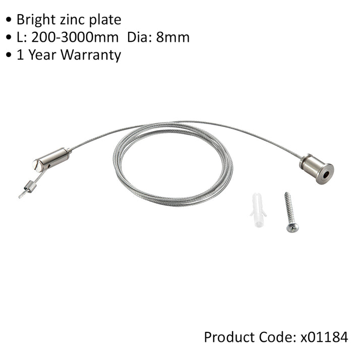 Track Lighting Suspension Kit - 200mm to 3000mm - 25kg Limit - Bright Zinc