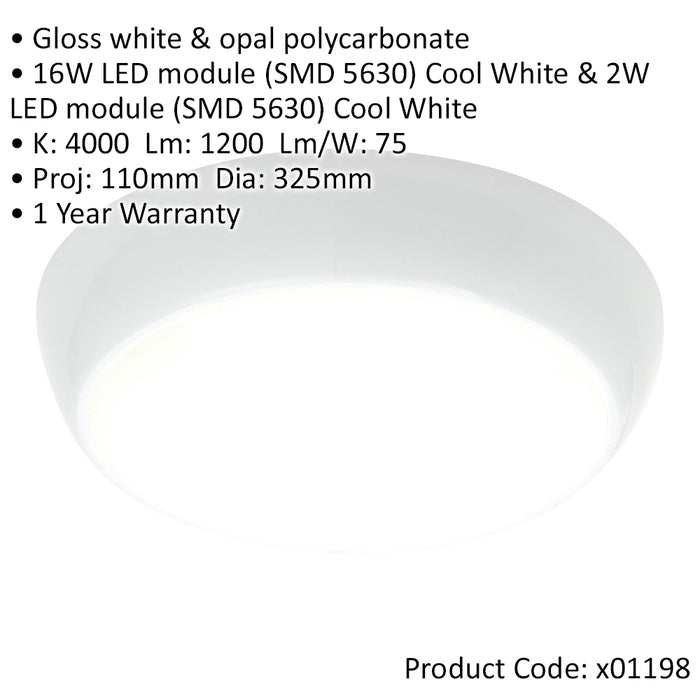 Emergency IP65 Bulkhead Light - 16W + 2W Cool White LEDs - Microwave Sensor