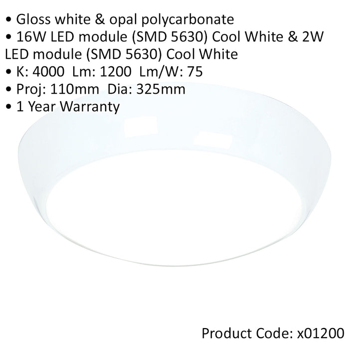 Round IP65 Bulkhead Light - 16W + 2W Cool White LEDs - Emergency Sensor - White