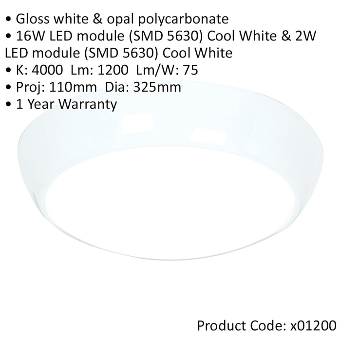 Round IP65 Bulkhead Light - 16W + 2W Cool White LEDs - Emergency Sensor - White - LoopsDirect