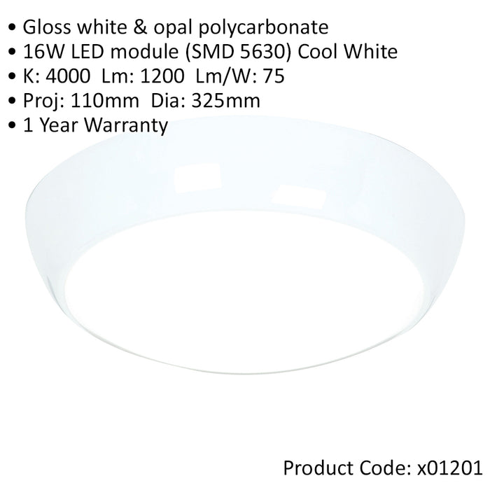 Round IP65 Bulkhead Light - 16W Cool White LED - 325mm Diameter - White