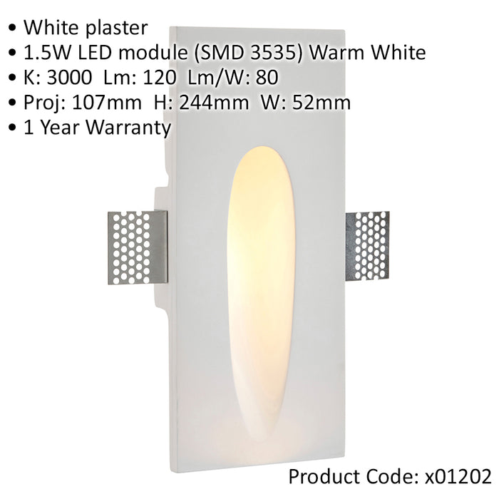 Plaster-In Rectangular Wall Light - 1.5W Warm White LED - Trimless Design