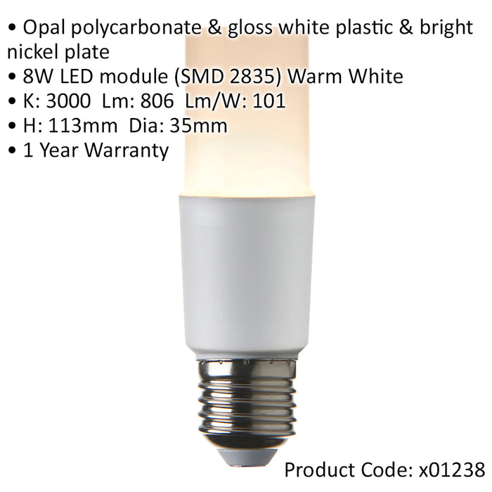 8W E27 LED Stick Light Bulb - 3000k Warm White Colour Temp - 800 Lumens