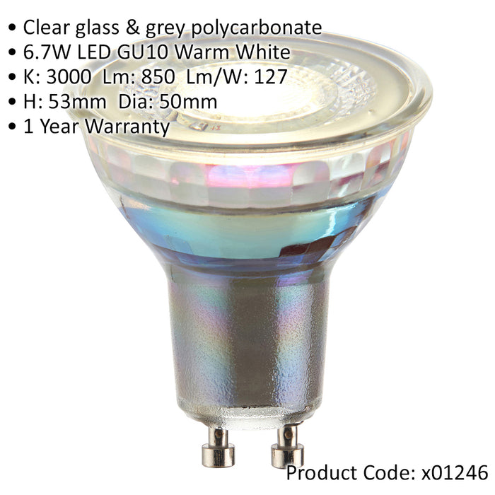 6.7W SMD GU10 LED Bulb - 3000k Warm White - 60 Degree Beam - Clear Glass Lamp