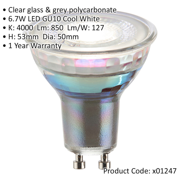 6.7W SMD GU10 LED Bulb - 4000k Cool White - 60 Degree Beam - Clear Glass Lamp