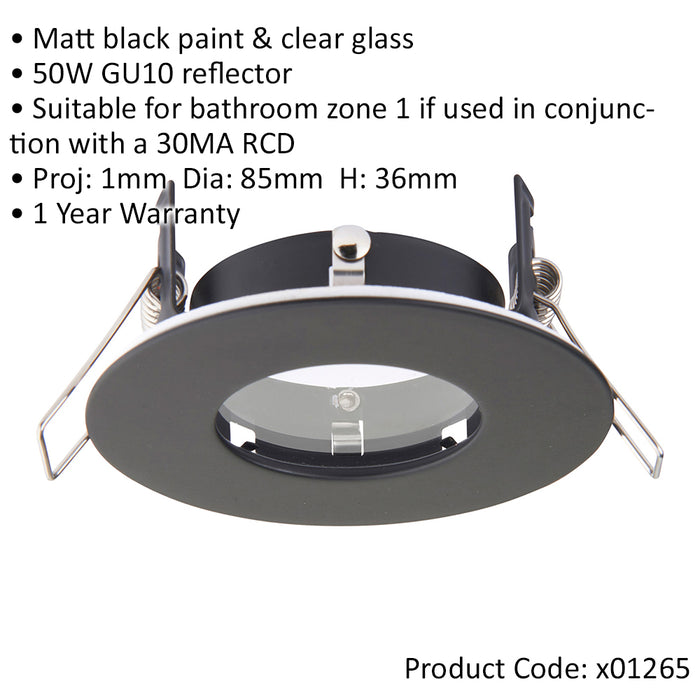 Recessed Compact Bathroom Downlight - 50W GU10 LED - IP65 Rated - Matt Black