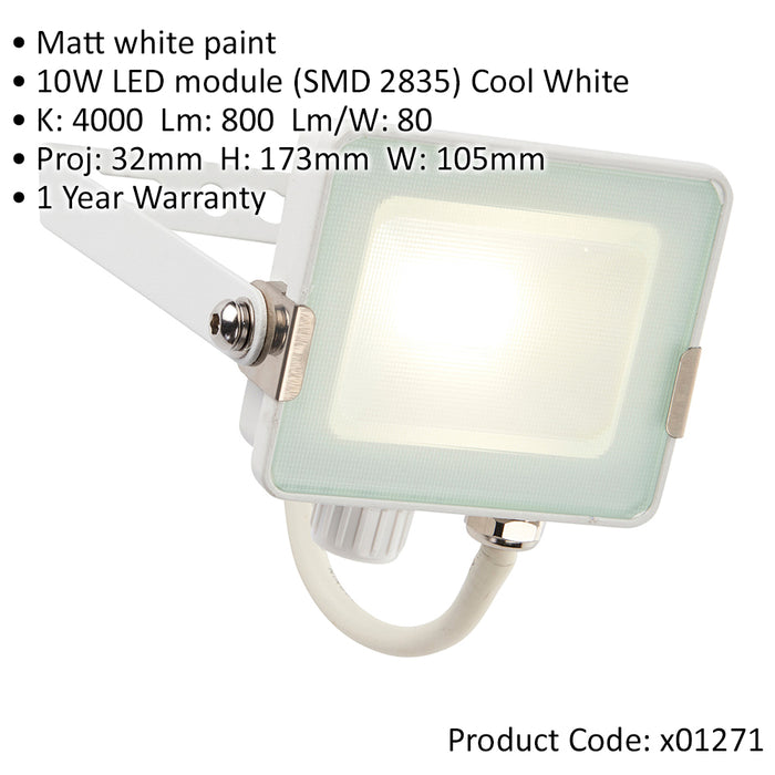 Outdoor IP65 Waterproof Floodlight - 10W Cool White LED - Matt White Aluminium
