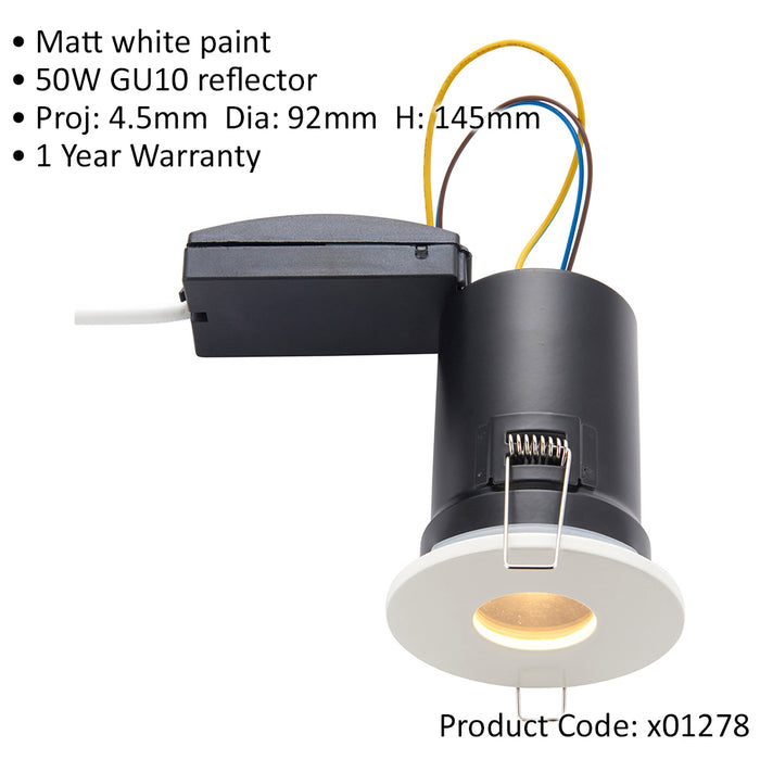 Fire Rated IP65 Recessed Ceiling Downlight - 50W GU10 - Fixed - Matt White Light