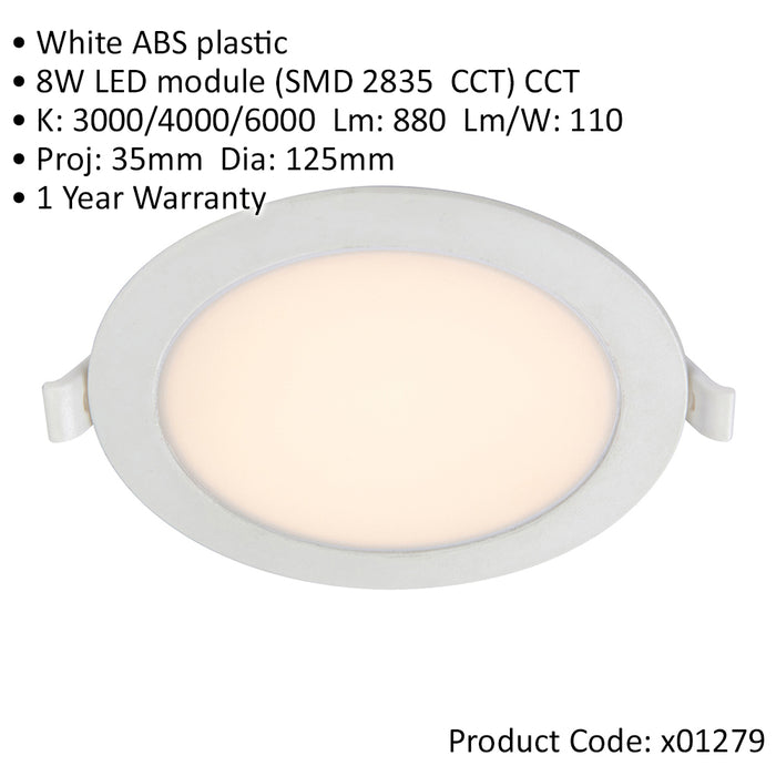 Backlit Recessed Ceiling Downlight - 8W CCT LED - Integrated Control Gear