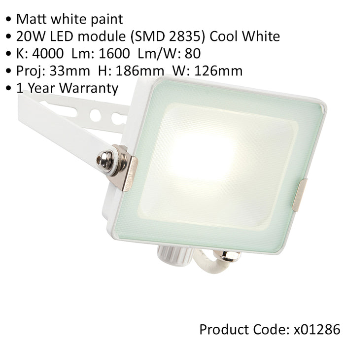 Outdoor IP65 Waterproof Floodlight - 20W Cool White LED - Matt White Aluminium