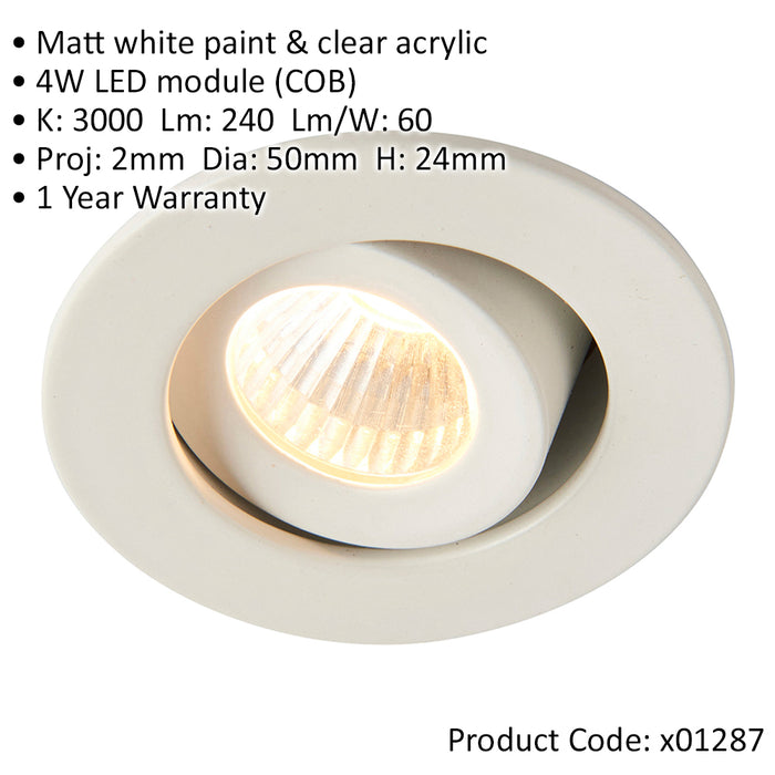Micro Adjustable Recessed Ceiling Downlight - 4W Warm White LED - Matt White