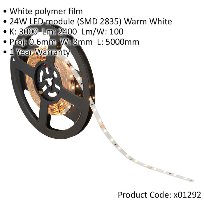 Flexible LED Tape Light - 5 Metres - 24W Warm White LEDs - Dimmable Strip Lights